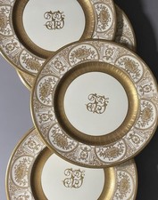 Antique Royal Doulton Porcelain Dinner Plate Raised Gold Initials Lot Of 12 picture