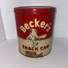 Rare Vintage Becker’s Snack Can Tin - Becker Pretzel Bakeries Inc. 9 1/2” Tall picture