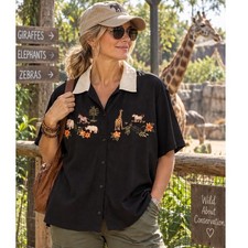 Victoria Jones Woman Vintage Safari Shirt 3X Black Embroidered Animal Blouse picture