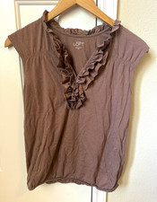 Ann Taylor LOFT Brown Solid Ruffle V-Neck Cap Sleeve Knit Blouse XS 60% Cotton picture