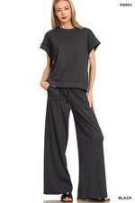 Zenana Women's Ribbed Short Sleeve Tee & Pants Set - Black picture
