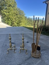Gold Metal Fireplace Tool Set with Stand and 2 Andirons, Antique Brass Tone picture