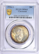 1936-S CINCINNATI COMMEMORATIVE HALF DOLLAR PCGS MS64 TONED BEAUTIFUL COLOR picture