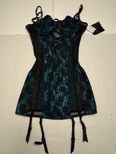 NWT Frederick’s Of Hollywood Lingerie Garter Corset Sheer Lace Green Black Sz M picture
