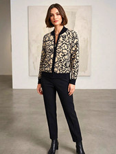 St. John Beige/Black Floral Mock Neck Long Sleeve Knit Full Zip jacket size L picture