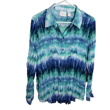 Chico's Blouse Women's 2 Blue Colorful Button Up Long Sleeve Tie Dye Shirt Top picture
