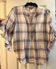 $79 Vince Camuto Women's Purple Plaid Ruffled Split Neck Blouse Top Size XS picture