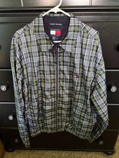 Vtg Tommy Hilfiger Plaid Windbreaker Jacket Coat Men Sz L Golf Blue Flag Logo picture
