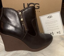 UGG Boots Womens Meredith Lodge Wedge Booties Brown Leather Zip 1009948 Size 8.5 picture