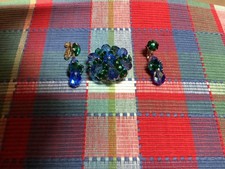 Vendome Blue Green Rivoli Brooch and Matching Earrings all signed picture