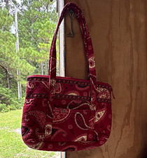 Women’s Red Paisley Quilted Tote Handbag, Zip Closure, Double Handles picture