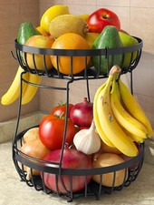 2 Tier Large Fruit Basket for Kitchen Counter with 2 Banana Hangers, Metal Stack picture