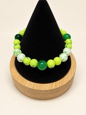 Lime Green Stretch Bracelet Green White Splatter Beads Handmade 9 Inch picture
