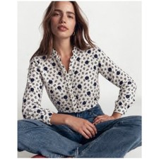 Boden Ruffled Trim Button Front Cotton Top Ivory & Navy Size 8 picture
