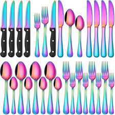 EUIRIO 24 Piece Rainbow Silverware Set with Steak Knives Stainless Steel Flatwar picture