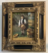 Antique 19th Century Genre Oil Painting Boy Playing Drum w/Dog Ornate Gold Frame picture