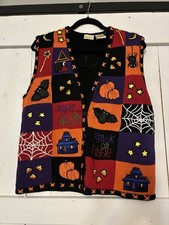 Vintage Bobbie Brooks Knit Halloween Sweater Vest Women's Large Spooky Bling picture