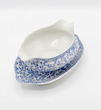 Vintage MARUTA Phoenix Blue & White Bone China Gravy Boat & Underplate, Japan picture
