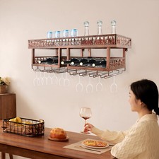 3-Tier Wall Mount Metal Wine Rack With Hanging Glass Holder Bronze picture