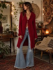 Cato Duster Cardigan XL Fringe Trim Longline Ribbed Boho Festival Whimsical Y2K picture