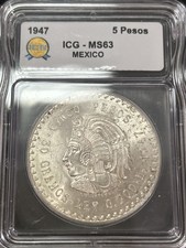 SASA 1947 Mo Mexico ICG MS63 Silver 5 Pesos Cinco Pesos Cuauhtemoc picture