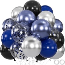 60pcs 12 Inch Black Navy Metallic Blue & Silver Confetti Balloon Kit picture