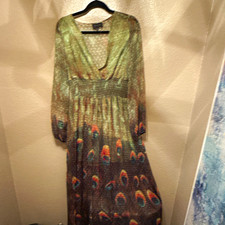 Gracia Womens Green Multicolor Peacock Feather Print Maxi Dress V-Neck Size M picture