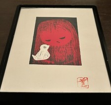 Mid-Century Modern Japanese Woodblock Print of Girl with Bird by Kaoru Kawano picture