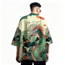 Niepce Men's Japanese Graphic Lightweight Green Dragon Kimono Cardigan Shirt Top picture