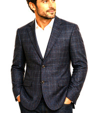 Canali Italian Made Wool Gray Blue & Black Plaid Jacket Blazer Size 48 x 32 picture