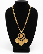 Vintage 1980s French Napoleon Marianne Coin Necklace Gold Plated Brass 24 picture