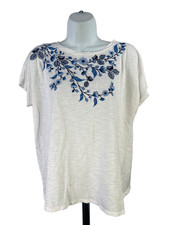 J.Jill Women's White/Blue Floral Embroidered Short Sleeve T-Shirt - M picture