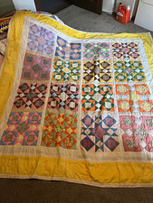 Handmade Churn Dash Quilt Yellow Border with Rose Motifs Depression Era picture