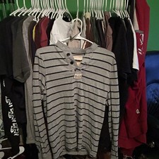 Hollister Men's Gray/Black Striped Long Sleeve Henley T-Shirt Size M picture