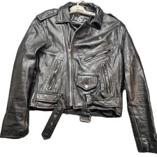 Vintage Shaf Leather Biker Jacket Men's Small Black Belted Distressed Motorcycle picture