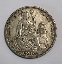 1923 to 1935 Peru Un Sol .50 Silver Coin, 25.0 gms, 50% Silver, 0.4019 oz ASW picture