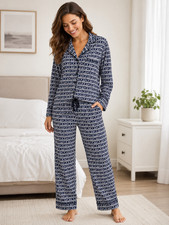 DKNY Women's Logo Pajama Set Navy White Sleepwear Size Med NWT $88 picture