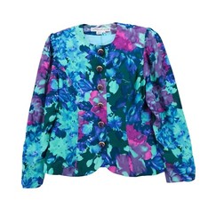 VTG 80s Anne Crimmins Umi Collections 100% Silk Floral Jacket Large Button Sz 14 picture