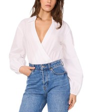 1.STATE Women's Surplice neckline Faux-Wrap Bodysuit White Size L Collar $99 picture