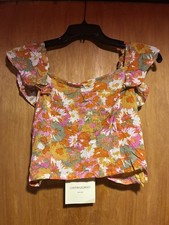 Cynthia Rowley Ruffle Sleeveless Pink Orange & Green Floral Crop Top MED NWT picture