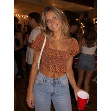 Romwe Floral Smocked Crop Top Womens XS Rust Orange Excellent Puff Sleeve Ruffle picture