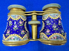 Antique French Paris Cobalt Blue Flowers Hand Painted Enamel Opera Glasses DS43 picture