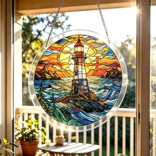 Vintage Coast Lighthouse Dusk Wave Mosaic Acrylic Puzzle Suncatcher Wall Decor picture