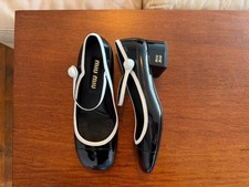 Miu Miu Two-Tone Patent Leather Mary Jane Pumps Black White Size 37 Logo Heel picture