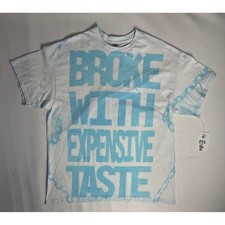 WLYWLY Broke With Expensive Taste Graphic Tee XL Blue White Y2K AOP Streetwear picture