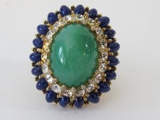 Jomaz Vintage Signed Cocktail Ring COSTUME Green Cabochon Blue & Clear Size 6 picture