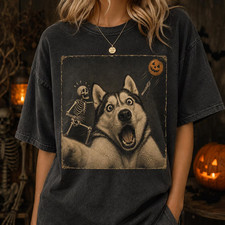 Funny Husky Halloween T-Shirt, Vintage Skeleton Dog Tee picture