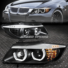 [3D U-Halo DRL+LED Signal] For 09-12 BMW E90 3-Series Projector Headlights Black picture
