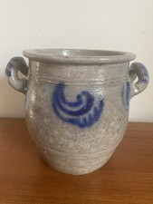 Antique French Stoneware Crock Confit Jar Double Ear Handle Salt Glazed 7”x9”x8” picture