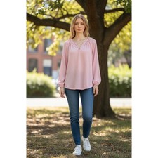 Talbots Pink Textured Seersucker Blouse Split Neck Crochet Cuff Top Size L NEW picture